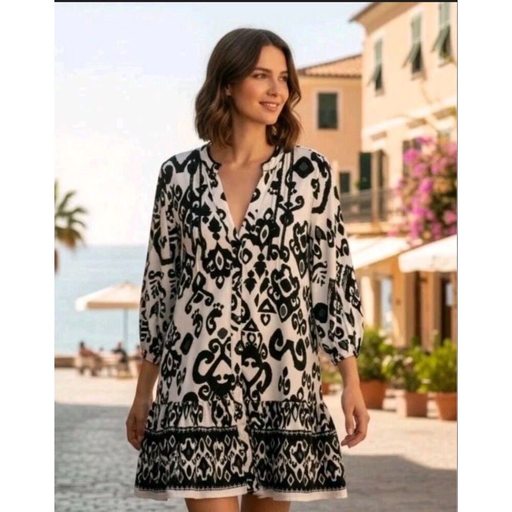 ZARA XS Black Cream Ikat Print Mini Dress Boho Peasant Ruffle Hem